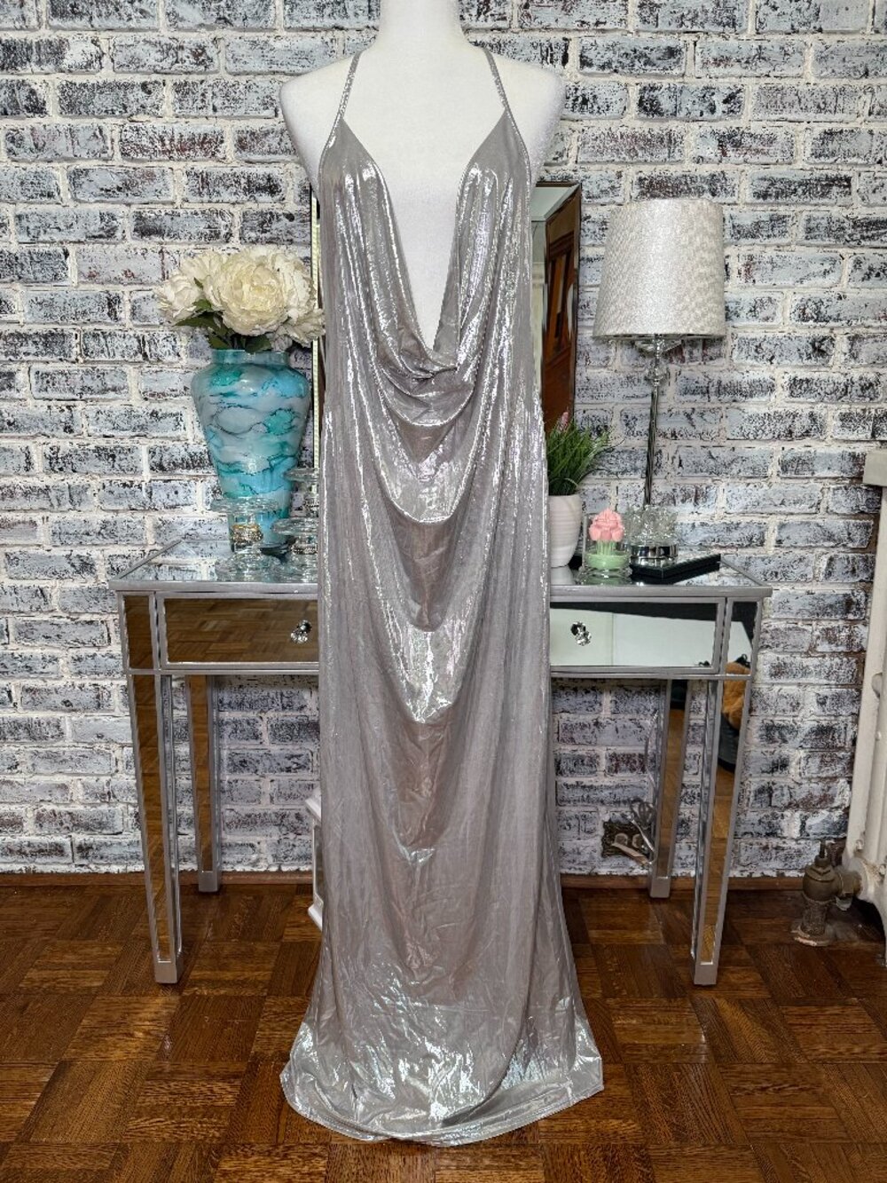 NWT PLT Plus Modern After Dark Silver Cowl Neck Metallic Foil Maxi Dress Size 18